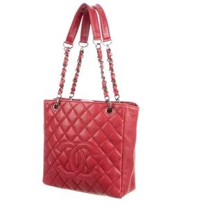 Chanel caviar red petite shopping tote leather